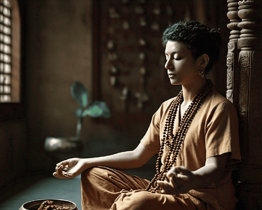 A serene image of a person meditating with a Rudraksha mala, emphasizing the role of these sacred beads in cultivating self-awareness and inner reflection